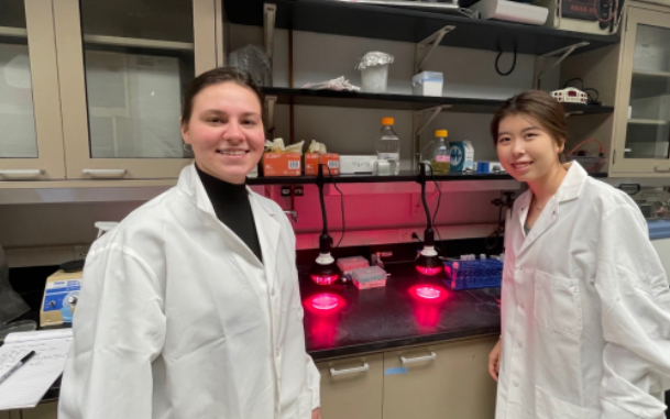 Ana and Lily, Founding Partners of MinaRosa running experiments with red and infrared light and UTI bacteria